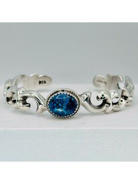 Navajo Sterling Silver Sand Cast Turquoise Cuff Bracelet Signed DBT 24g